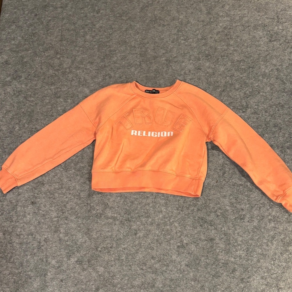 True Religion Girls Orange Logo Raglan Sweatshirt Size Medium 10/12 Pullover